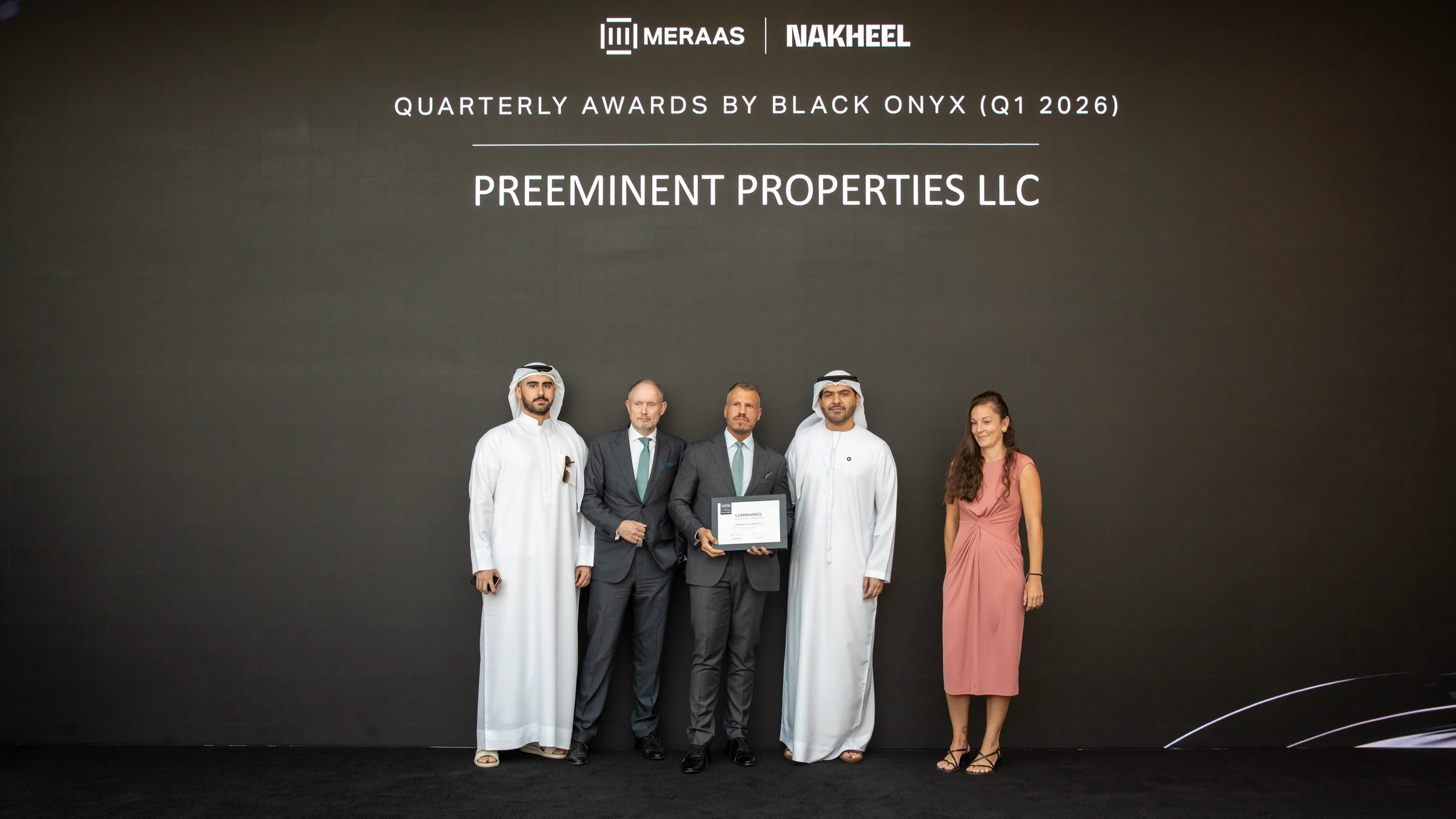Arnaud Monaco receiving the Meraas and Nakheel Quarterly Award for Preeminent Properties, Q1 2026, Dubai